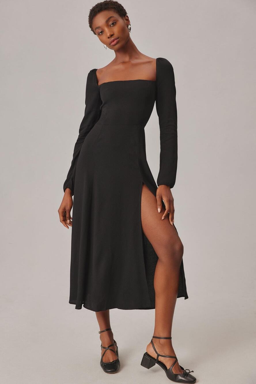 Reformation Sigmund Dress Black High Front Slit Smocked Zip Long Sleeve Sz 12